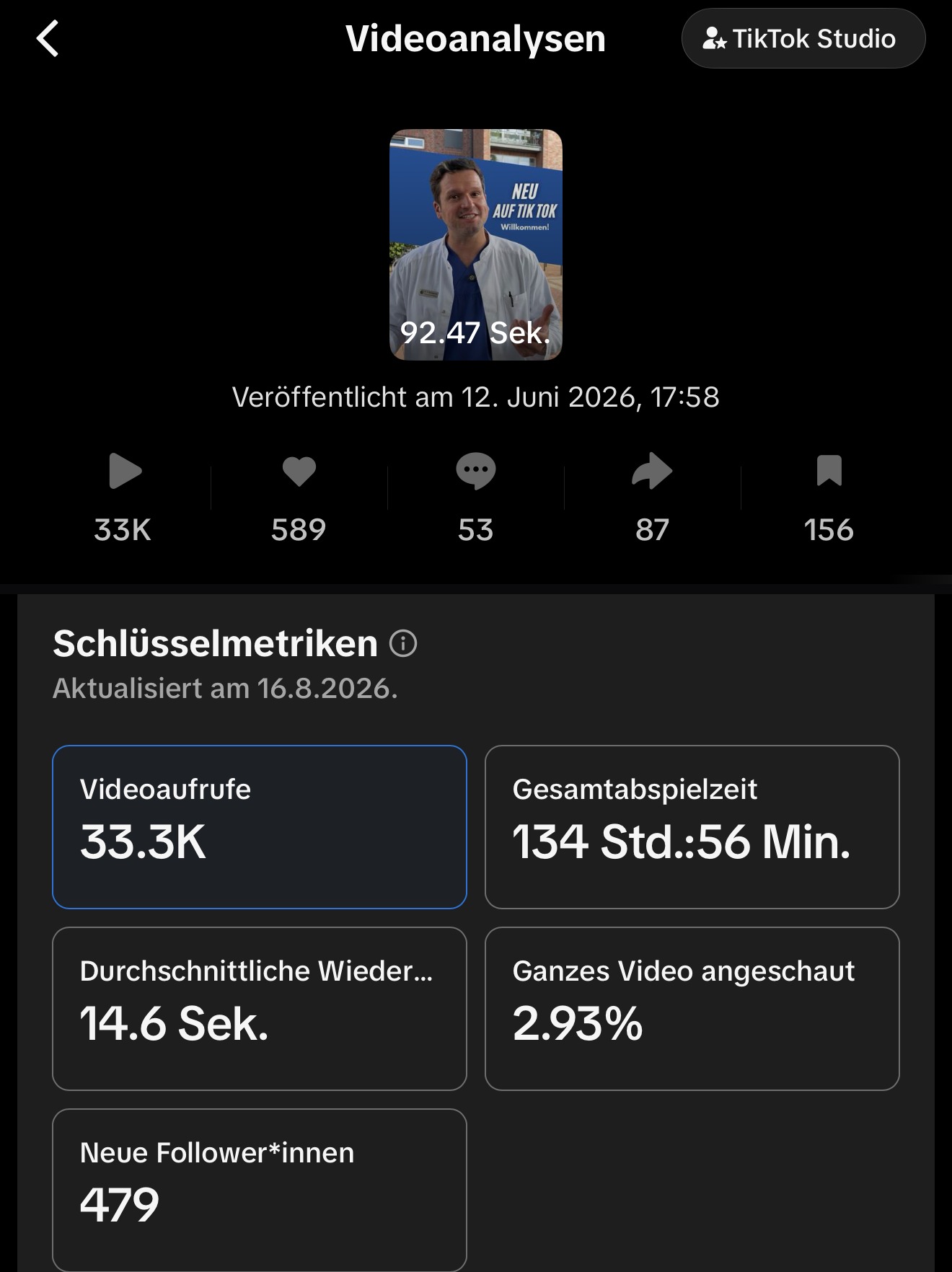 TikTok Video-Insights des ersten Videos